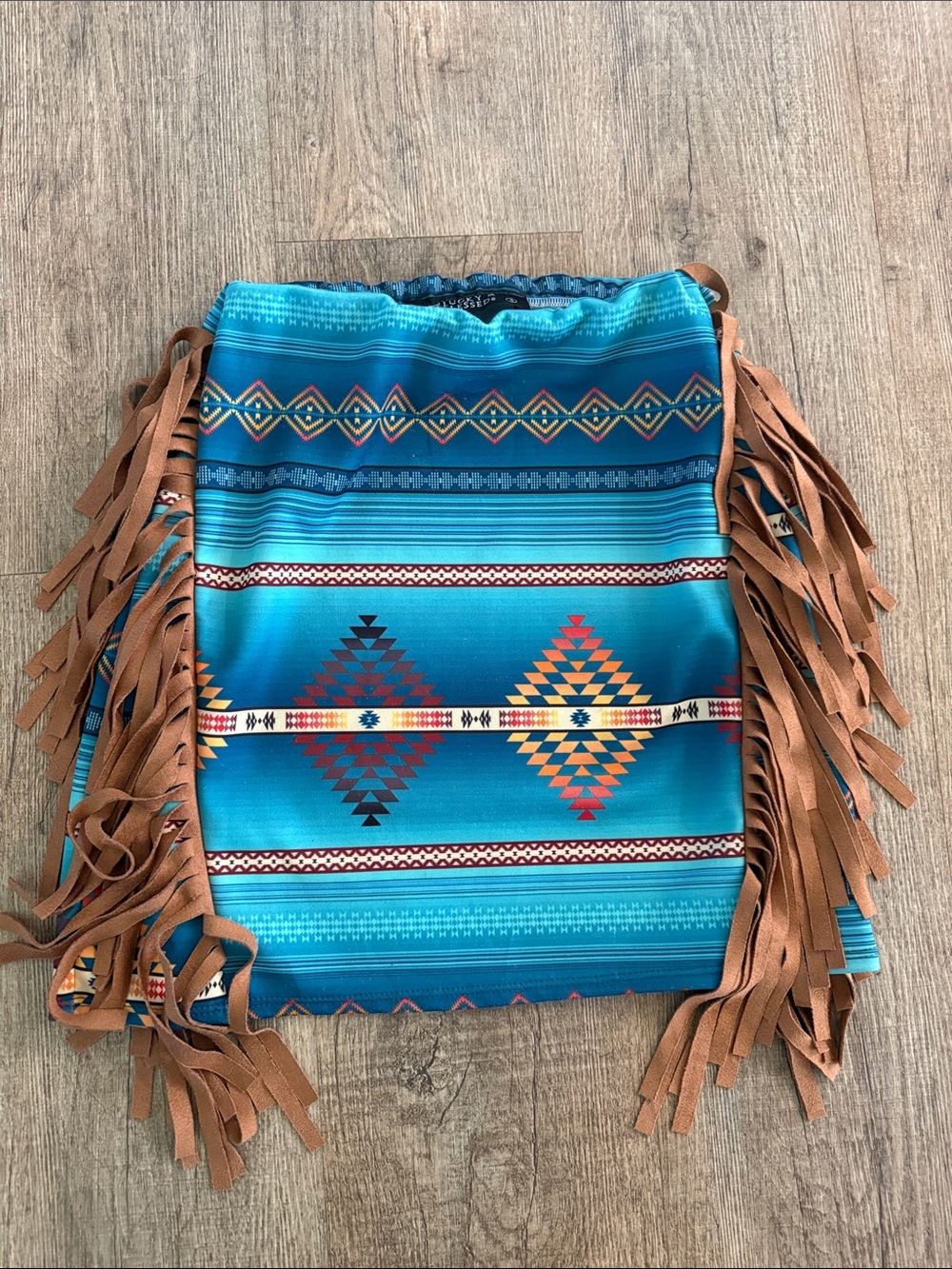 Lucky and Blessed Turquoise Aztec Mini Skirt with Brown Fringe NWOT